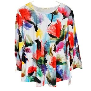 Jess & Jane "Peony" Medium Floral Print‎ Top Colorful Brush Strokes NWT